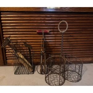 Vintage kitchen utensils ACE potato masher, hand egg mixer.  Wire bottle basket